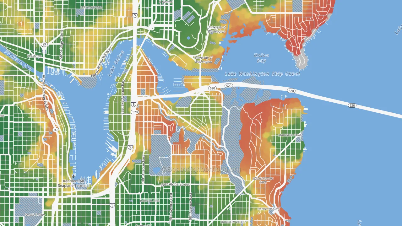 Walk Grade map of Montlake, Seattle, WA, walkable areas in green and car-dependent areas in red