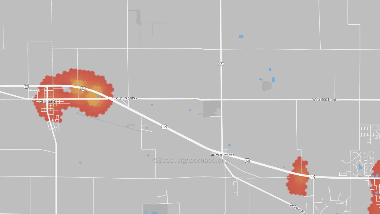 Walk Grade map of Montmorenci, IN, walkable areas in green and car-dependent areas in red