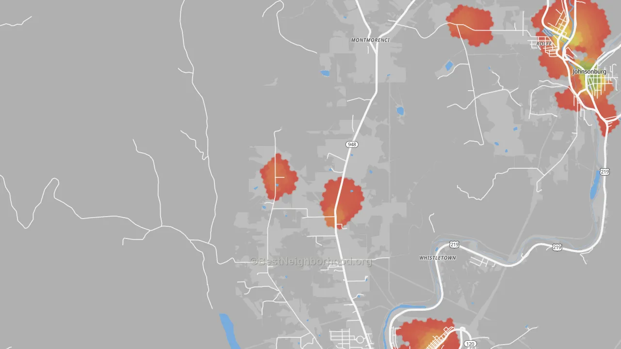 Walk Grade map of Montmorenci, PA, walkable areas in green and car-dependent areas in red