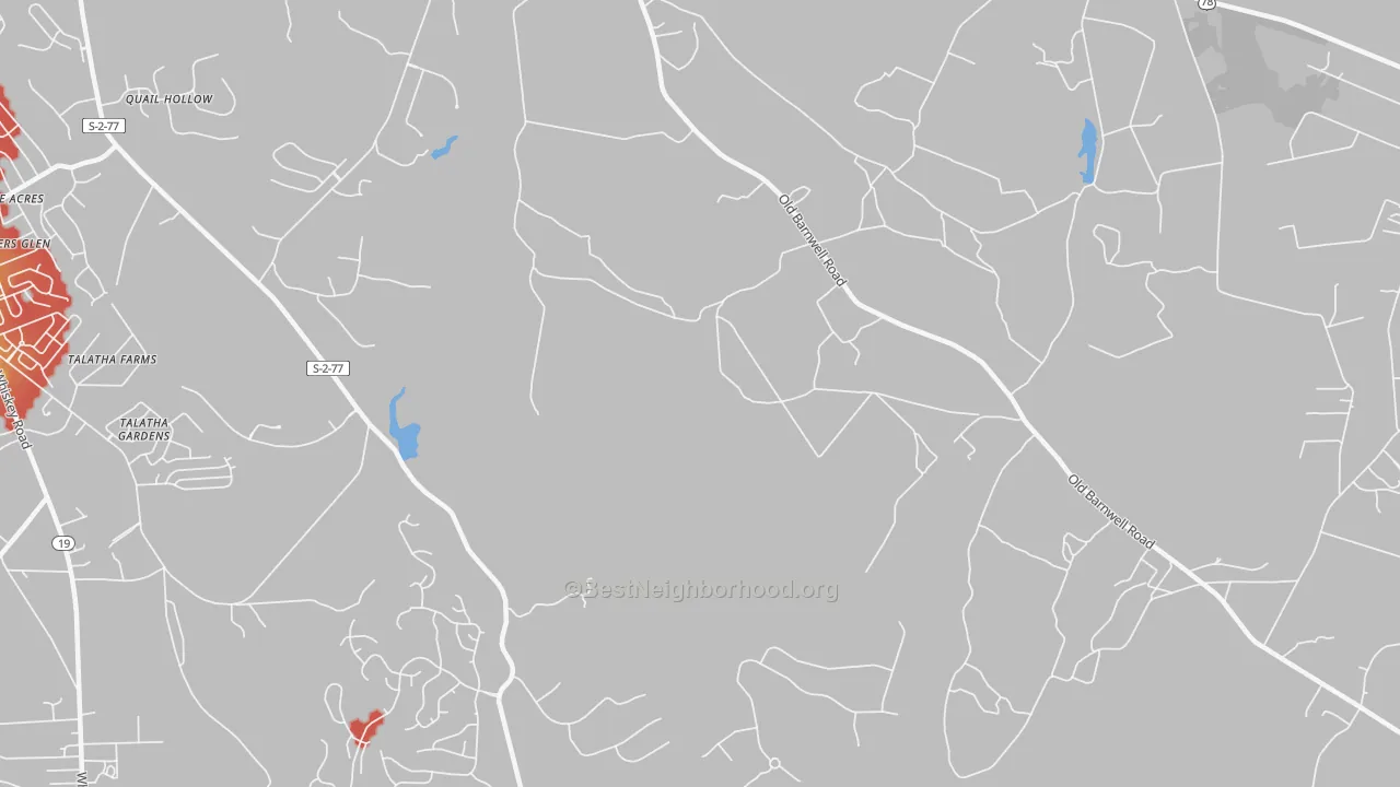 Walk Grade map of Montmorenci, SC, walkable areas in green and car-dependent areas in red