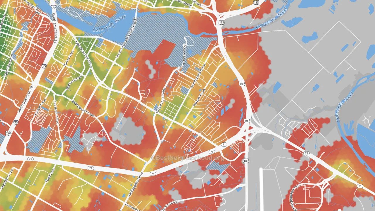 Walk Grade map of Montopolis, Austin, TX, walkable areas in green and car-dependent areas in red