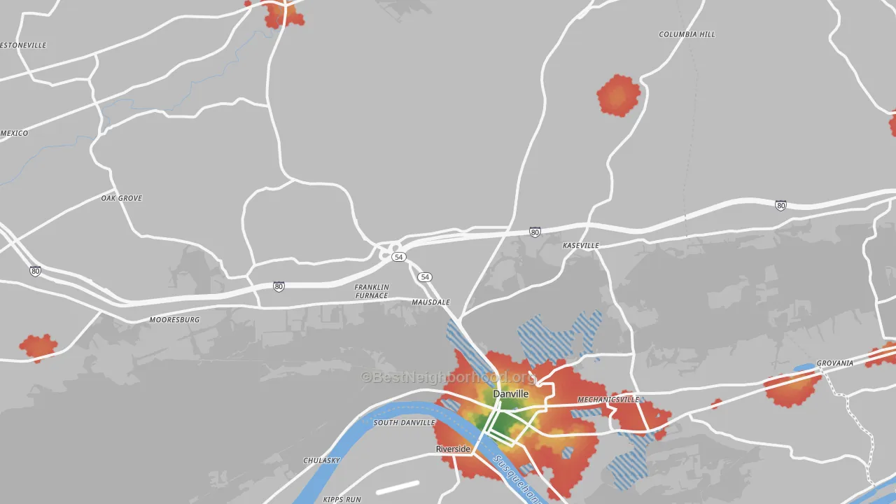 Walk Grade map of Montour County, PA, walkable areas in green and car-dependent areas in red