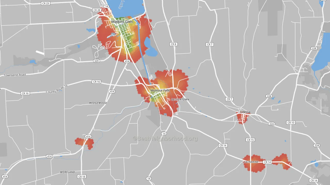 Walk Grade map of Montour Falls, NY, walkable areas in green and car-dependent areas in red