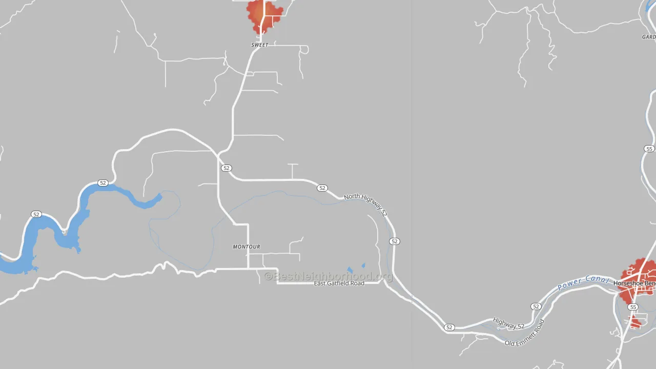 Walk Grade map of Montour, ID, walkable areas in green and car-dependent areas in red
