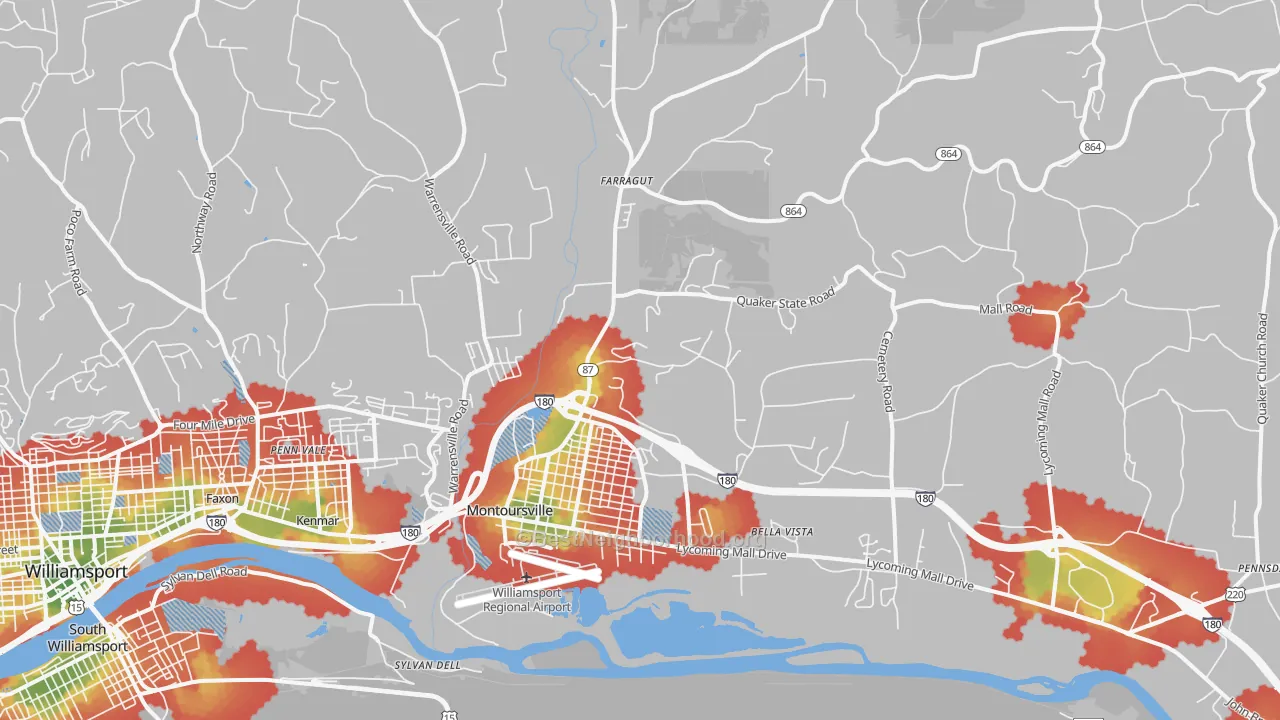 Walk Grade map of Montoursville, PA, walkable areas in green and car-dependent areas in red