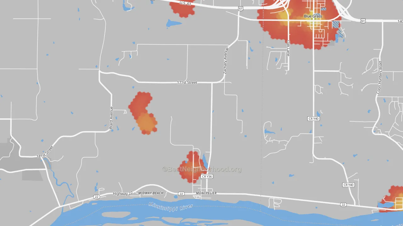 Walk Grade map of Montpelier, IA, walkable areas in green and car-dependent areas in red