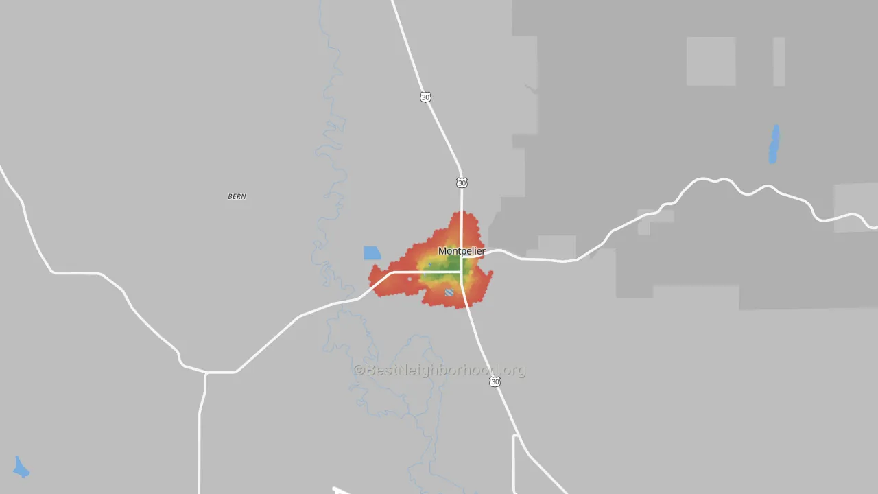 Walk Grade map of Montpelier, ID, walkable areas in green and car-dependent areas in red