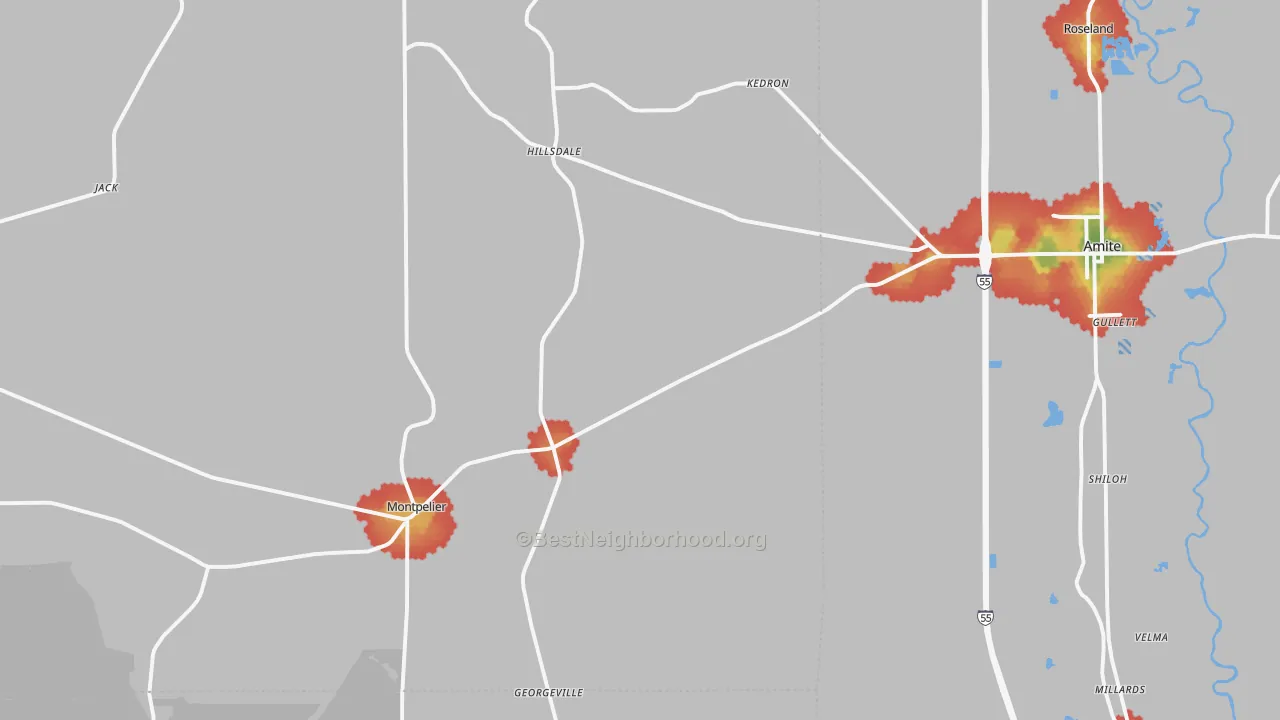 Walk Grade map of Montpelier, LA, walkable areas in green and car-dependent areas in red