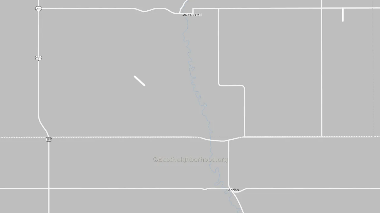 Walk Grade map of Montpelier, ND, walkable areas in green and car-dependent areas in red
