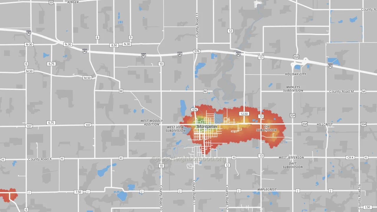 Walk Grade map of Montpelier, OH, walkable areas in green and car-dependent areas in red