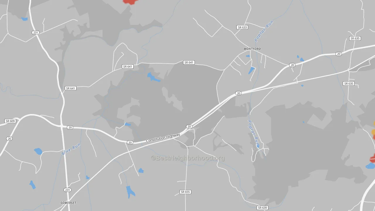 Walk Grade map of Montpelier Station, VA, walkable areas in green and car-dependent areas in red