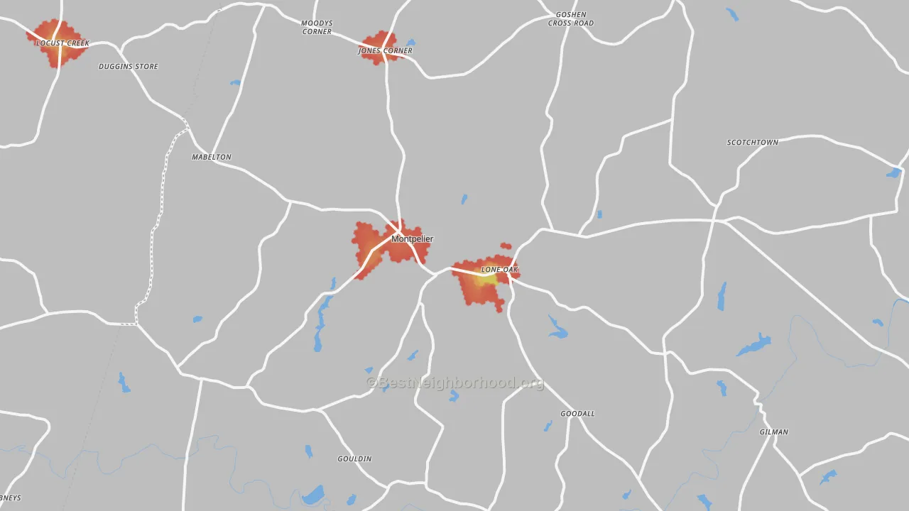 Walk Grade map of Montpelier, VA, walkable areas in green and car-dependent areas in red