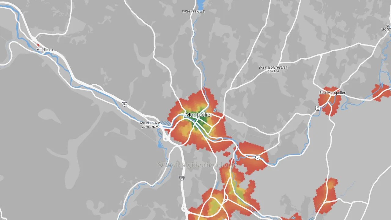 Walk Grade map of Montpelier, VT, walkable areas in green and car-dependent areas in red