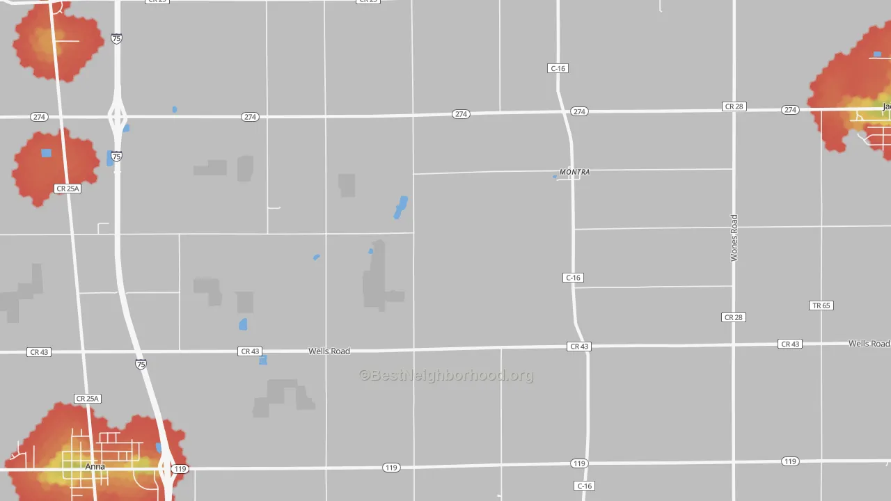Walk Grade map of Montra, OH, walkable areas in green and car-dependent areas in red