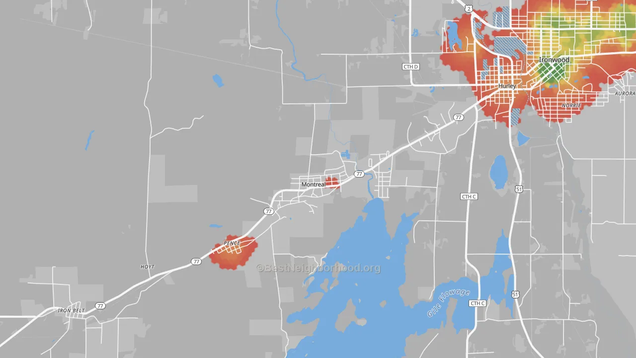 Walk Grade map of Montreal, WI, walkable areas in green and car-dependent areas in red