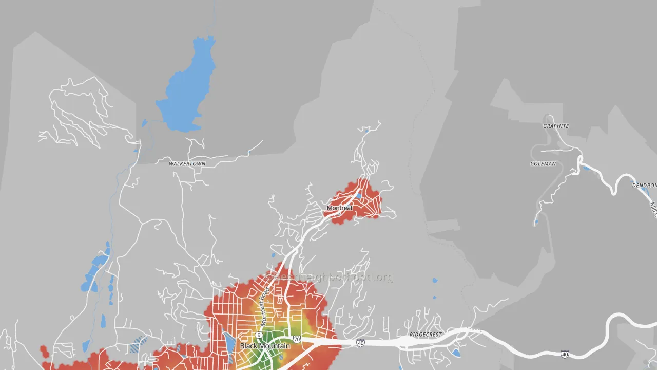 Walk Grade map of Montreat, NC, walkable areas in green and car-dependent areas in red