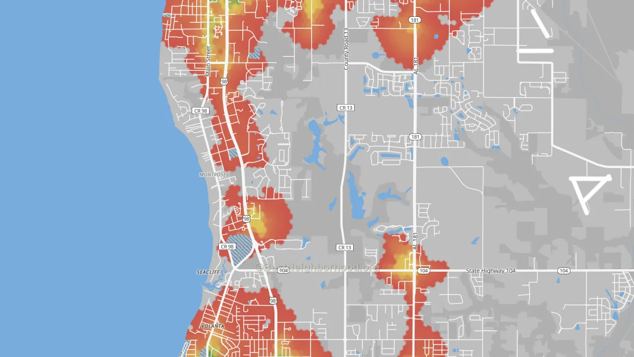 Walk Grade map of Montrose, AL, walkable areas in green and car-dependent areas in red