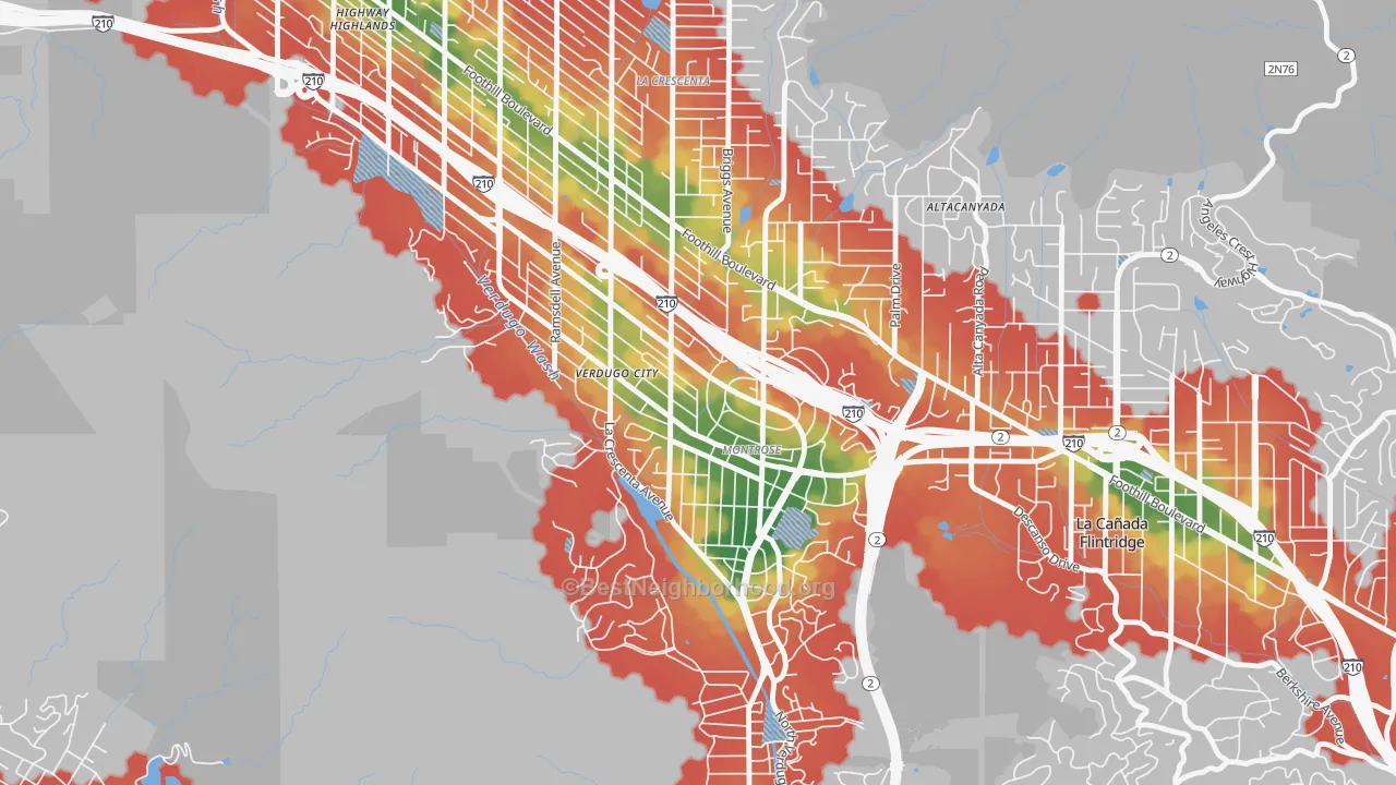 Walk Grade map of Montrose, CA, walkable areas in green and car-dependent areas in red