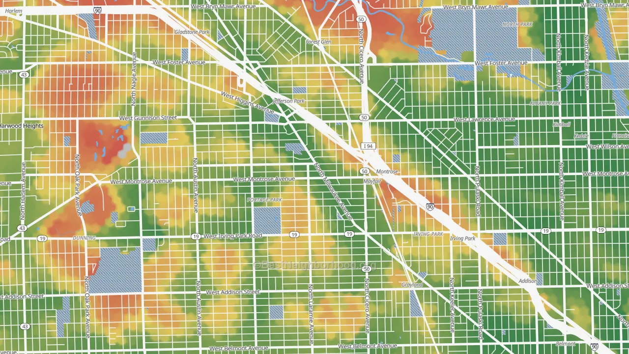 Walk Grade map of Montrose, Chicago, IL, walkable areas in green and car-dependent areas in red