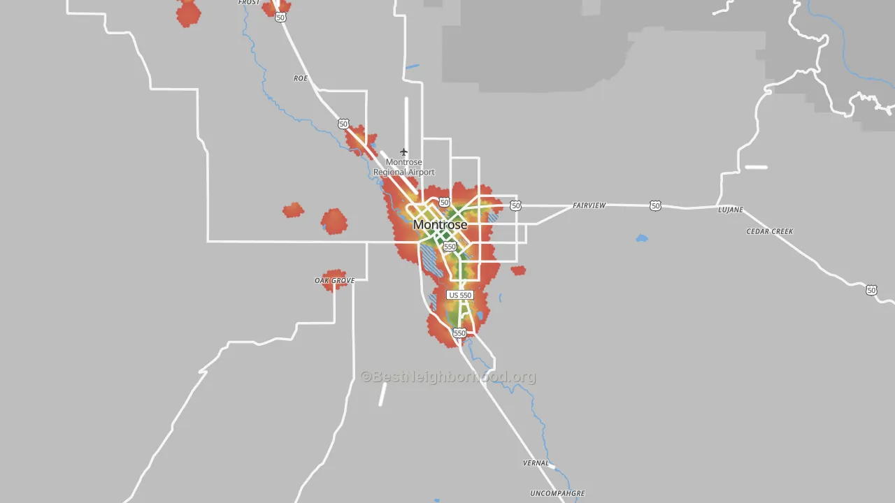 Walk Grade map of Montrose, CO, walkable areas in green and car-dependent areas in red