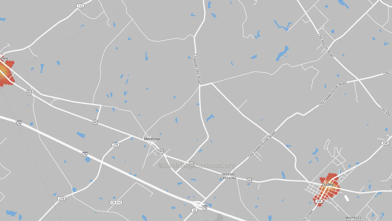 Walk Grade map of Montrose, GA, walkable areas in green and car-dependent areas in red