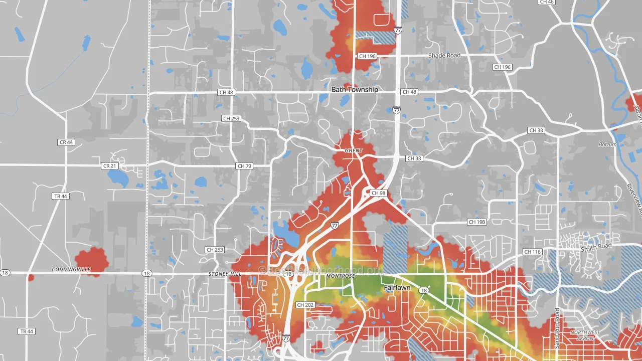 Walk Grade map of Montrose-Ghent, OH, walkable areas in green and car-dependent areas in red
