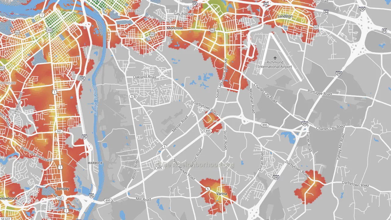 Walk Grade map of Montrose Heights, VA, walkable areas in green and car-dependent areas in red