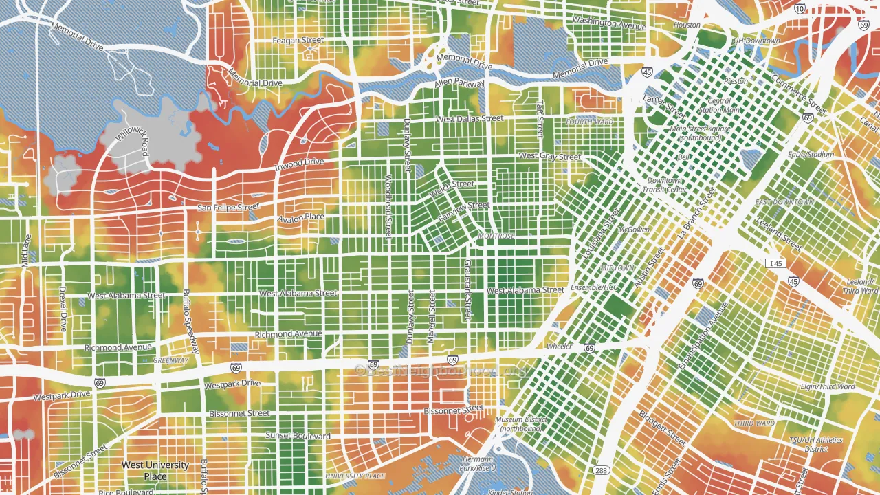 Walk Grade map of Montrose, Houston, TX, walkable areas in green and car-dependent areas in red