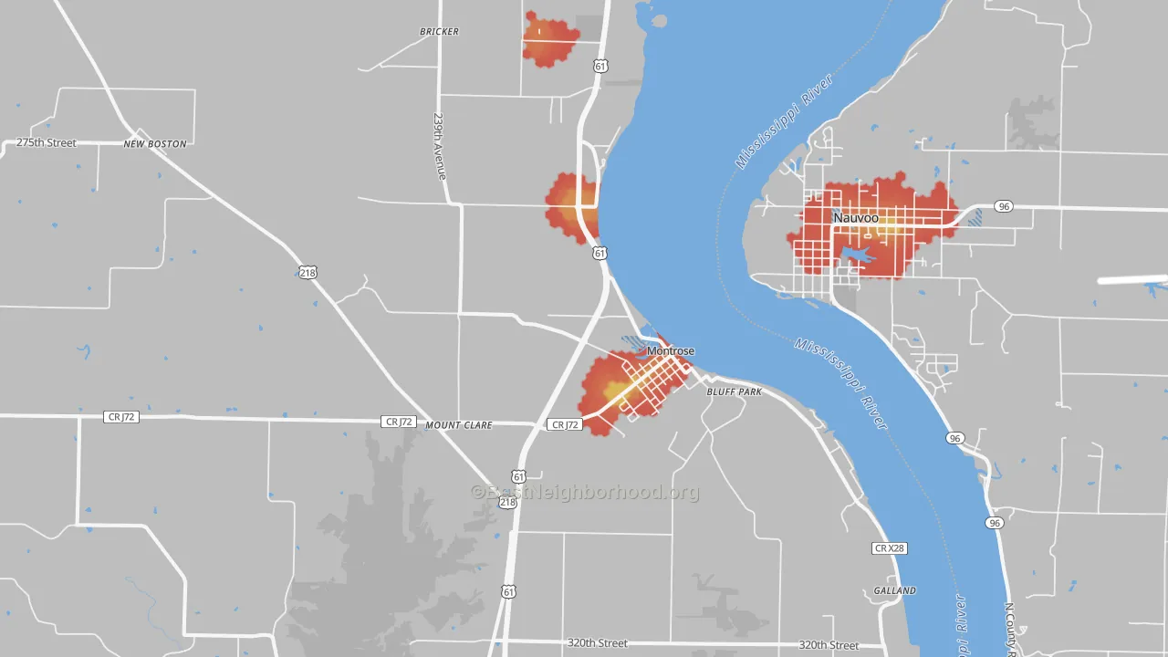 Walk Grade map of Montrose, IA, walkable areas in green and car-dependent areas in red