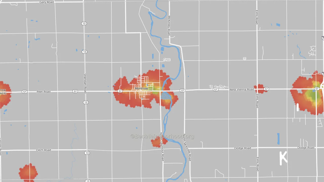 Walk Grade map of Montrose, MI, walkable areas in green and car-dependent areas in red