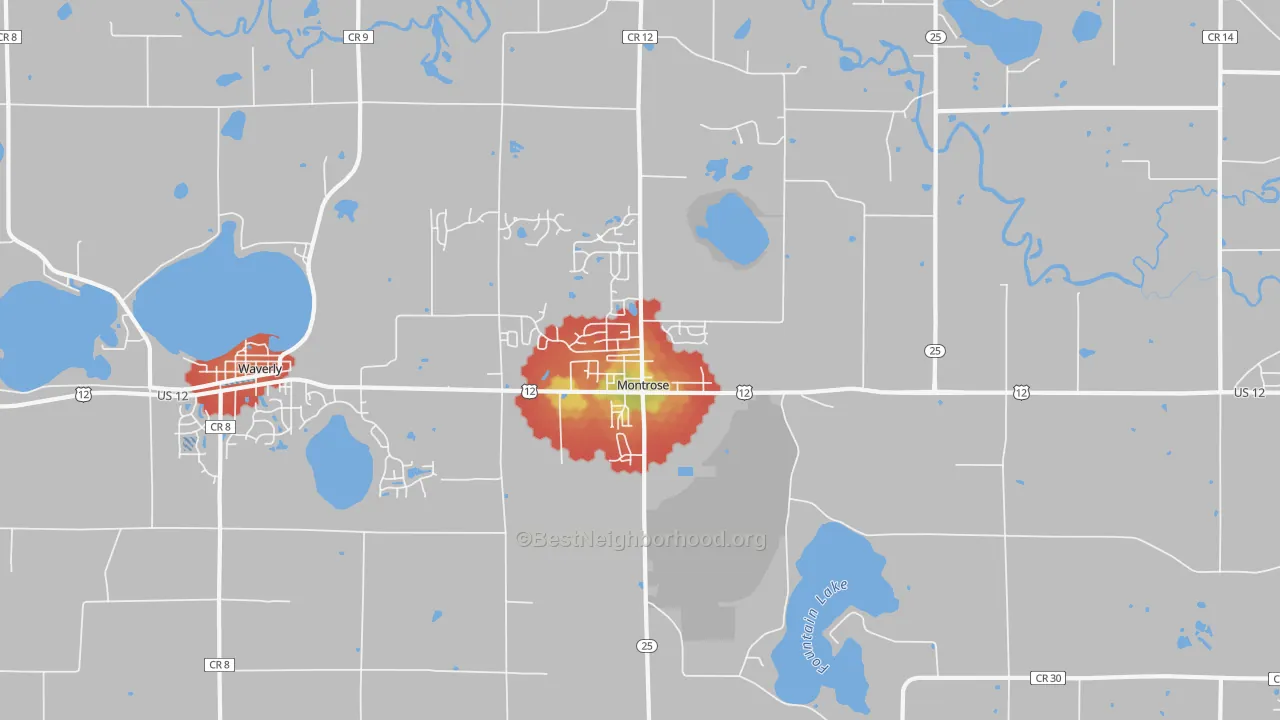 Walk Grade map of Montrose, MN, walkable areas in green and car-dependent areas in red
