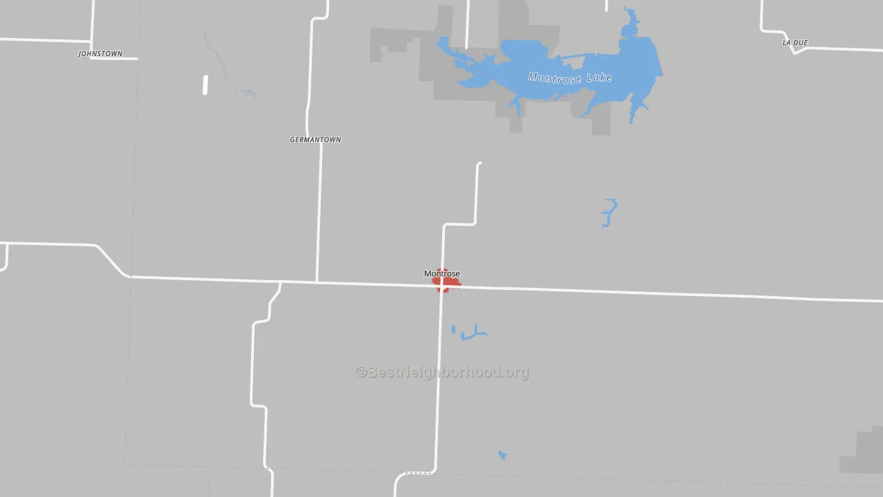 Walk Grade map of Montrose, MO, walkable areas in green and car-dependent areas in red