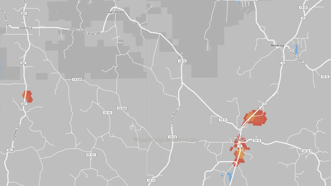 Walk Grade map of Montrose, MS, walkable areas in green and car-dependent areas in red