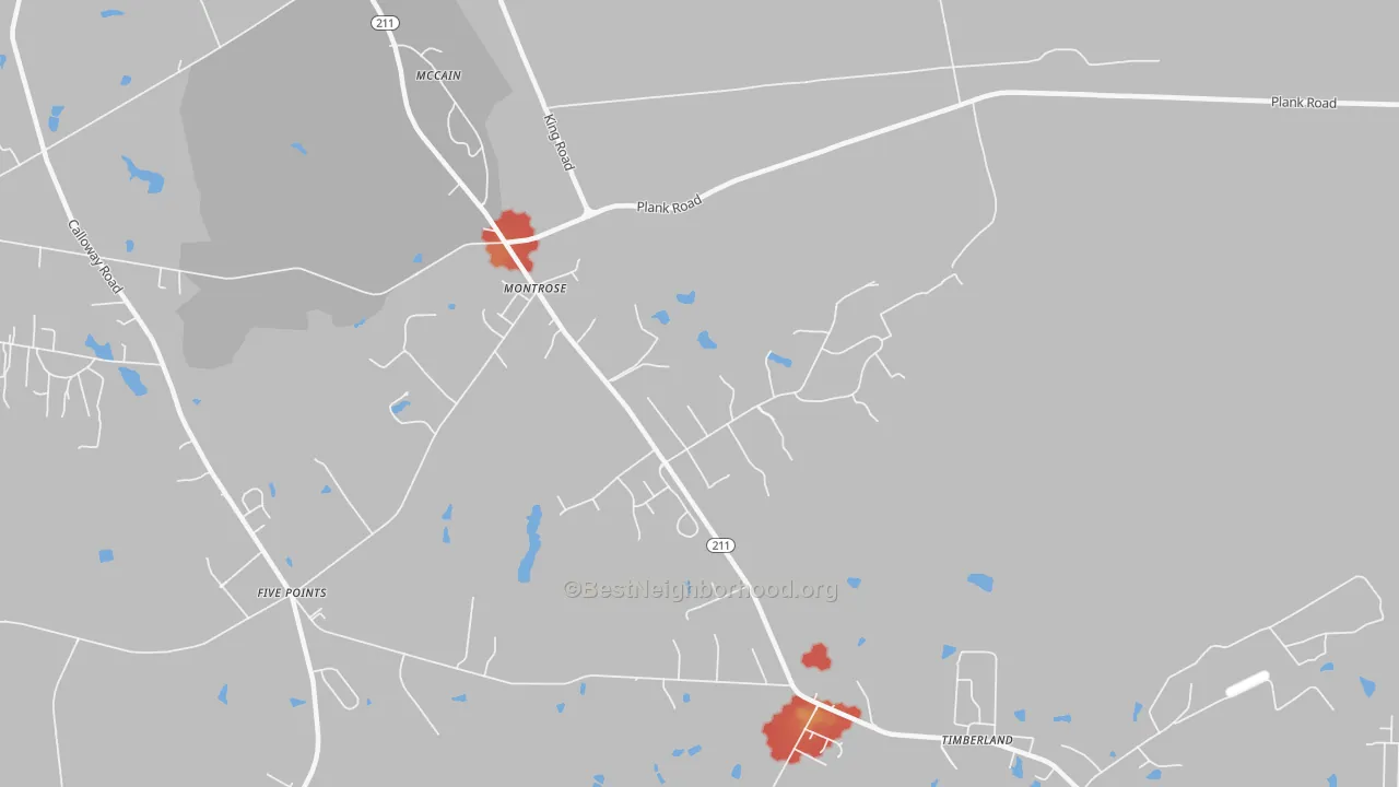 Walk Grade map of Montrose, NC, walkable areas in green and car-dependent areas in red