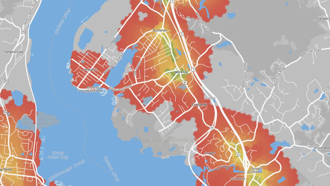 Walk Grade map of Montrose, NY, walkable areas in green and car-dependent areas in red