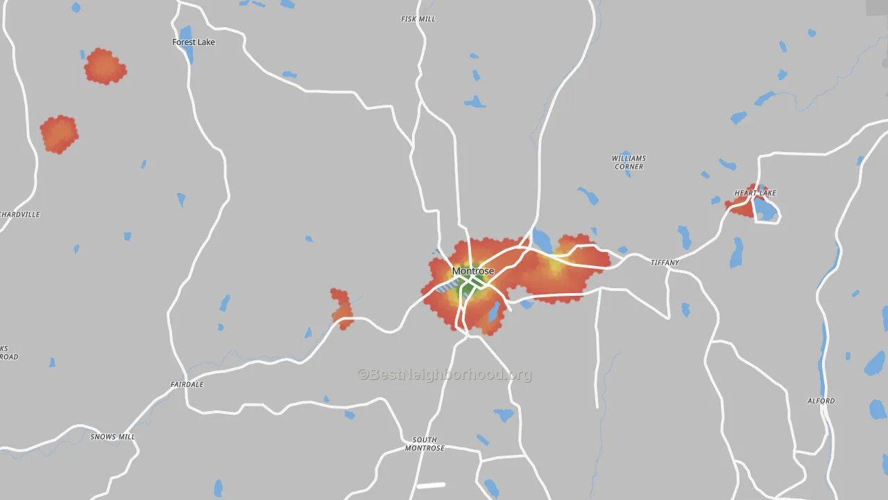 Walk Grade map of Montrose, PA, walkable areas in green and car-dependent areas in red