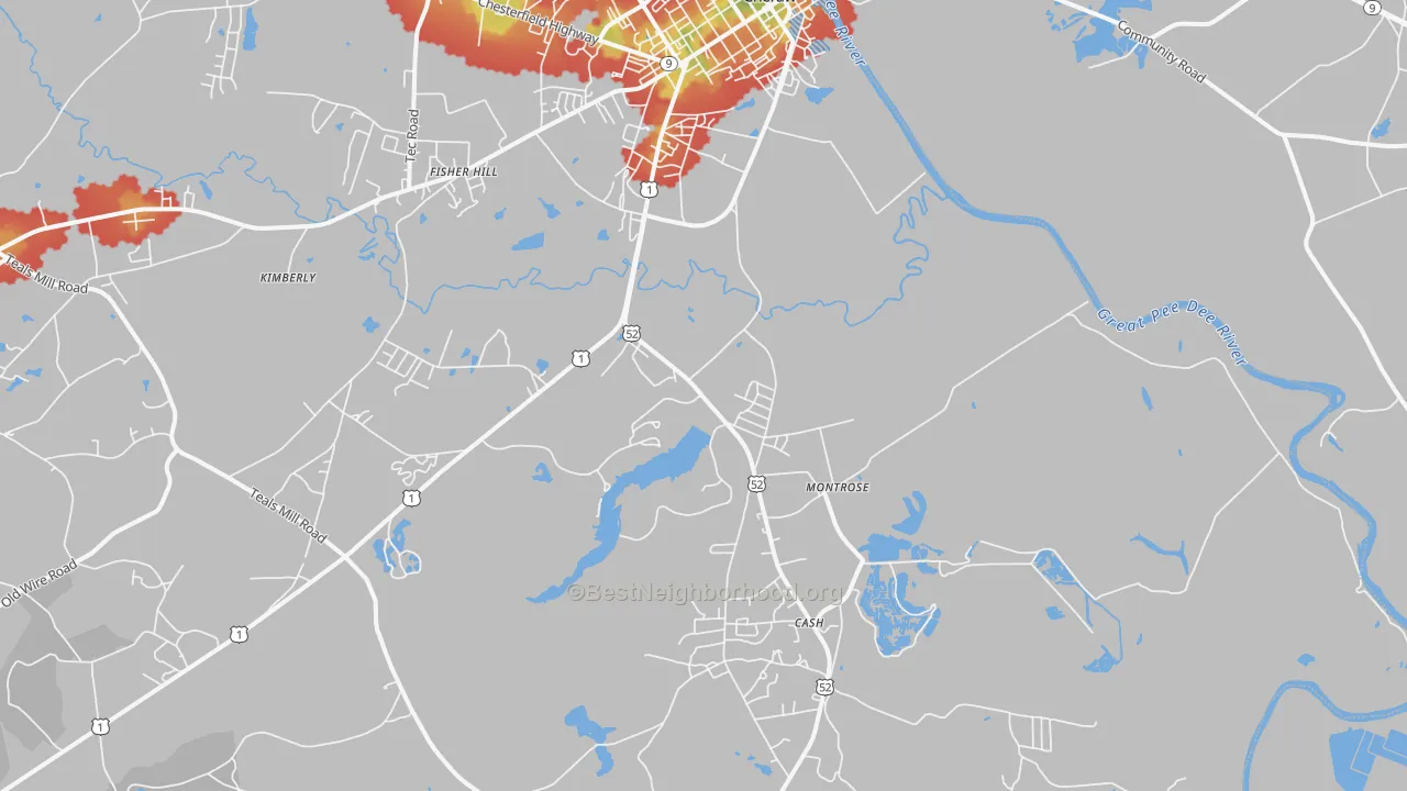 Walk Grade map of Montrose, SC, walkable areas in green and car-dependent areas in red