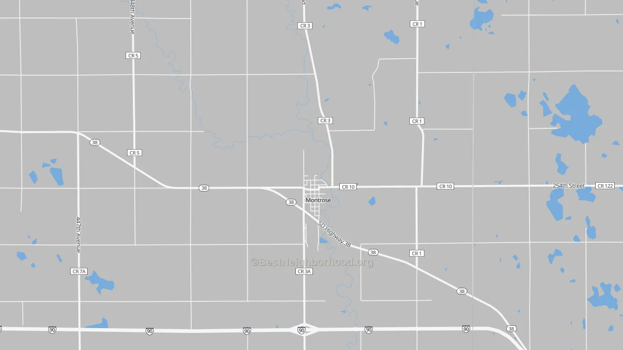 Walk Grade map of Montrose, SD, walkable areas in green and car-dependent areas in red