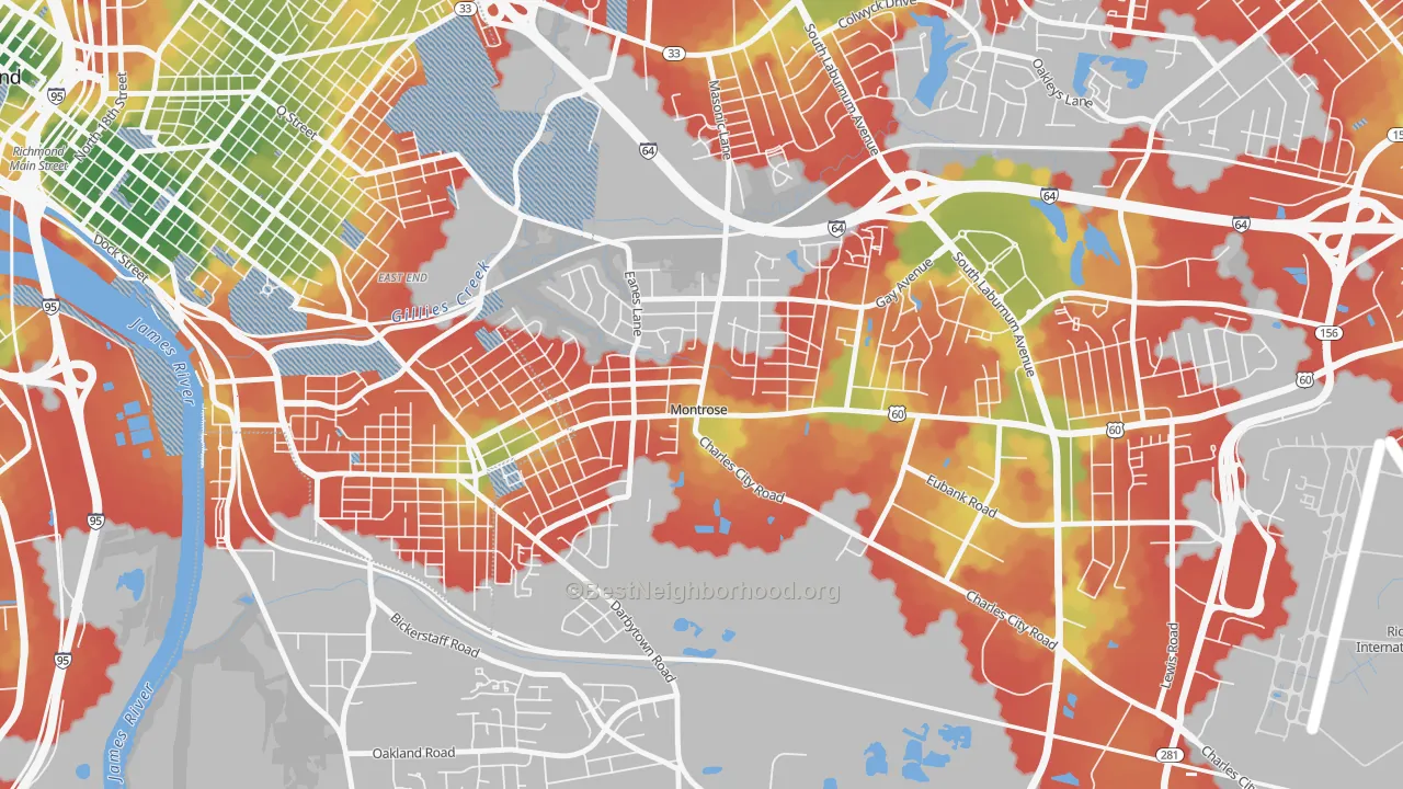 Walk Grade map of Montrose, VA, walkable areas in green and car-dependent areas in red