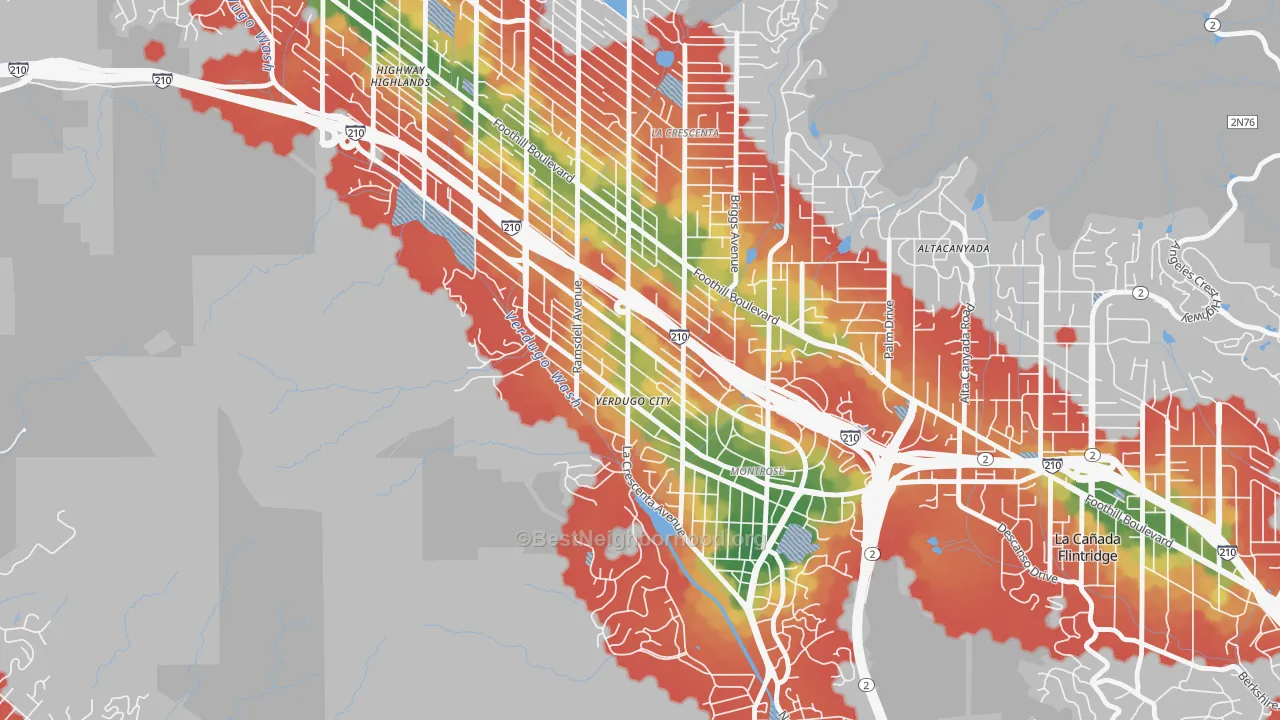 Walk Grade map of Montrose Verdugo City, La Crescenta, CA, walkable areas in green and car-dependent areas in red
