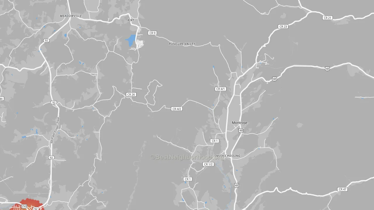 Walk Grade map of Montrose, WV, walkable areas in green and car-dependent areas in red