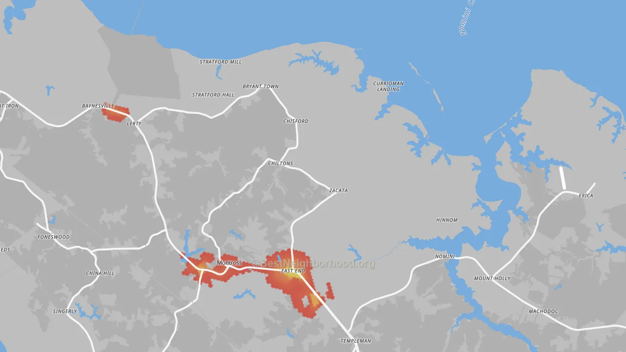 Walk Grade map of Montross, VA, walkable areas in green and car-dependent areas in red