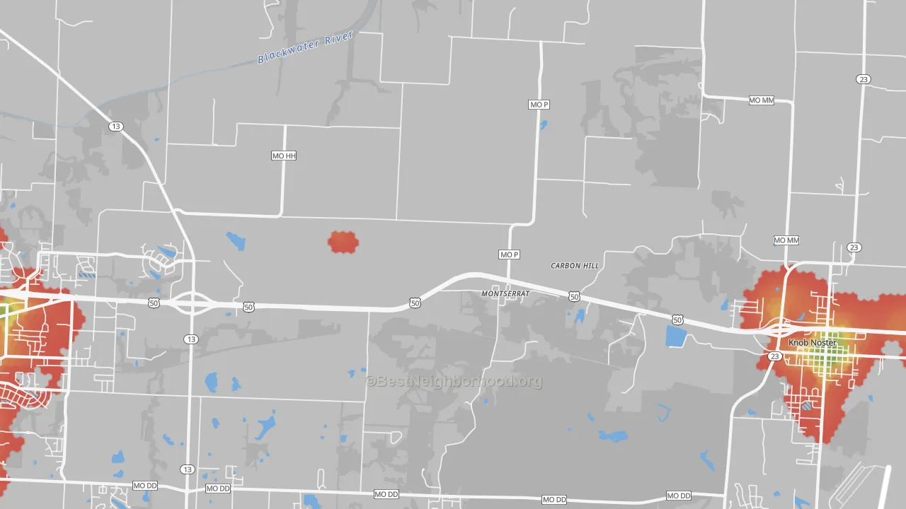 Walk Grade map of Montserrat, MO, walkable areas in green and car-dependent areas in red