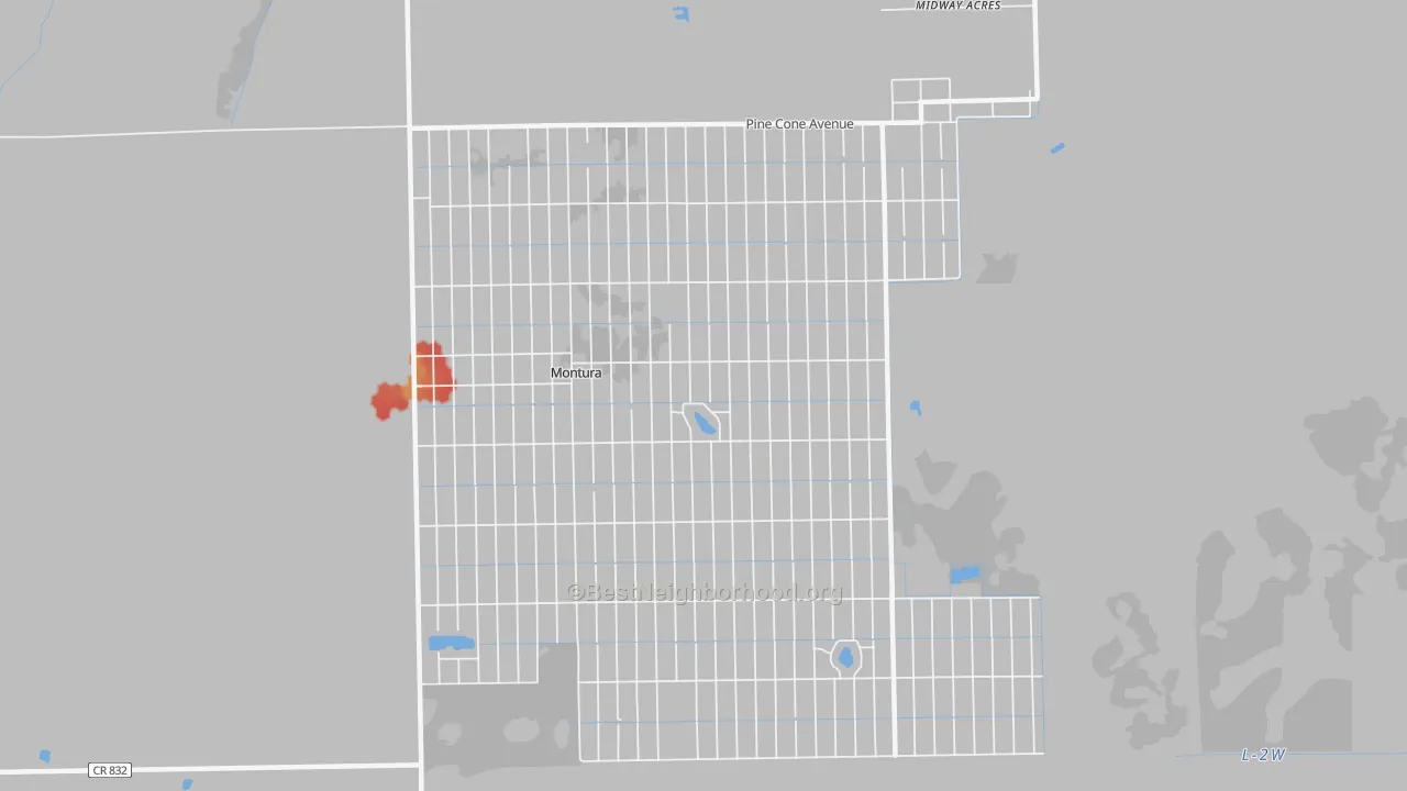 Walk Grade map of Montura, FL, walkable areas in green and car-dependent areas in red
