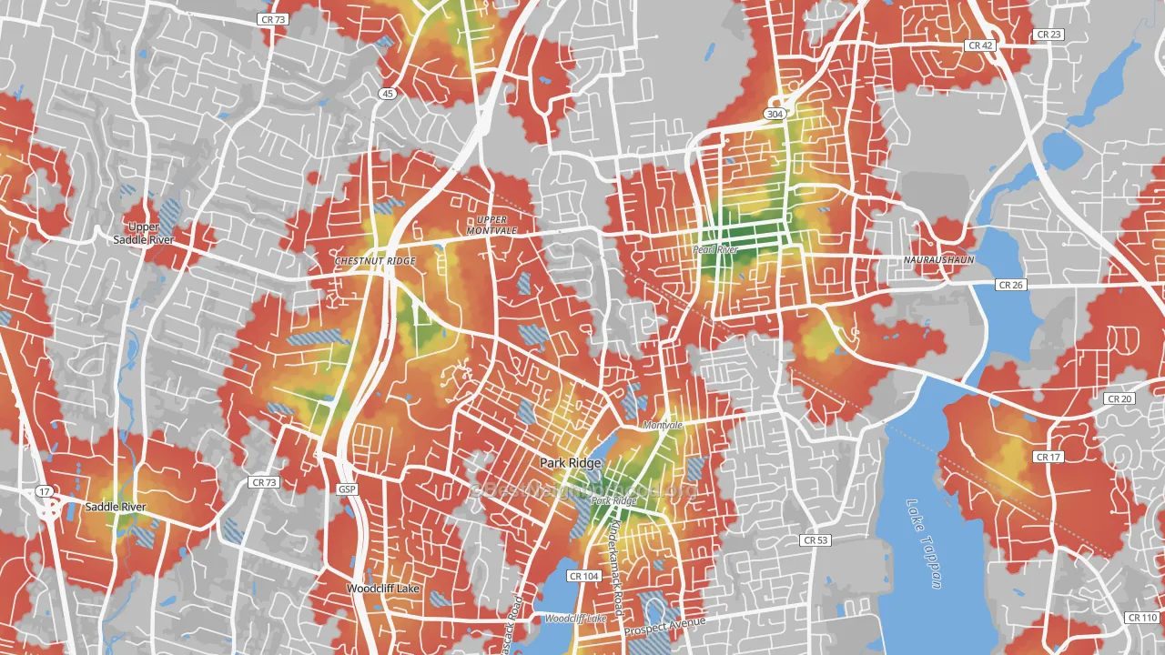Walk Grade map of Montvale, NJ, walkable areas in green and car-dependent areas in red