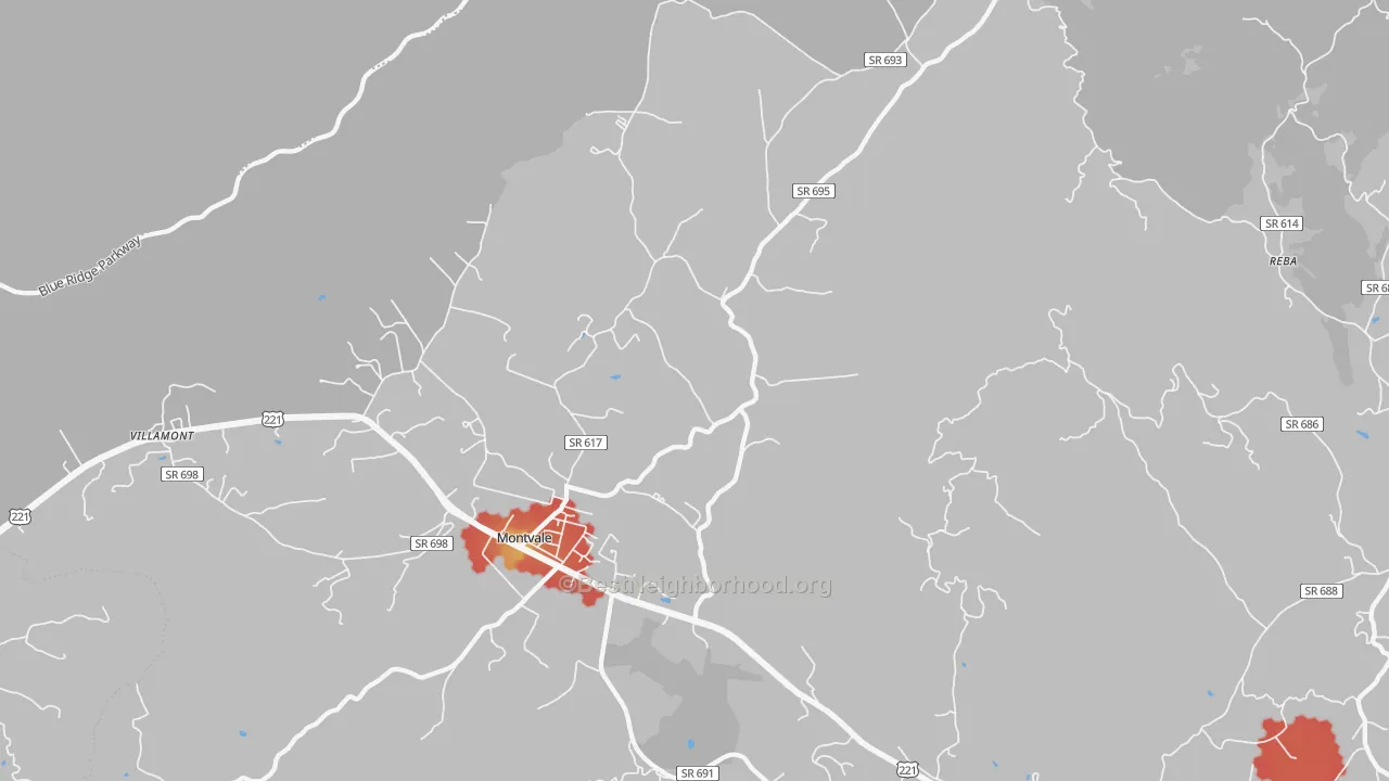 Walk Grade map of Montvale, VA, walkable areas in green and car-dependent areas in red