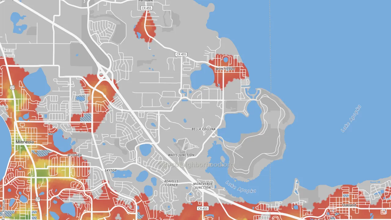 Walk Grade map of Montverde, FL, walkable areas in green and car-dependent areas in red