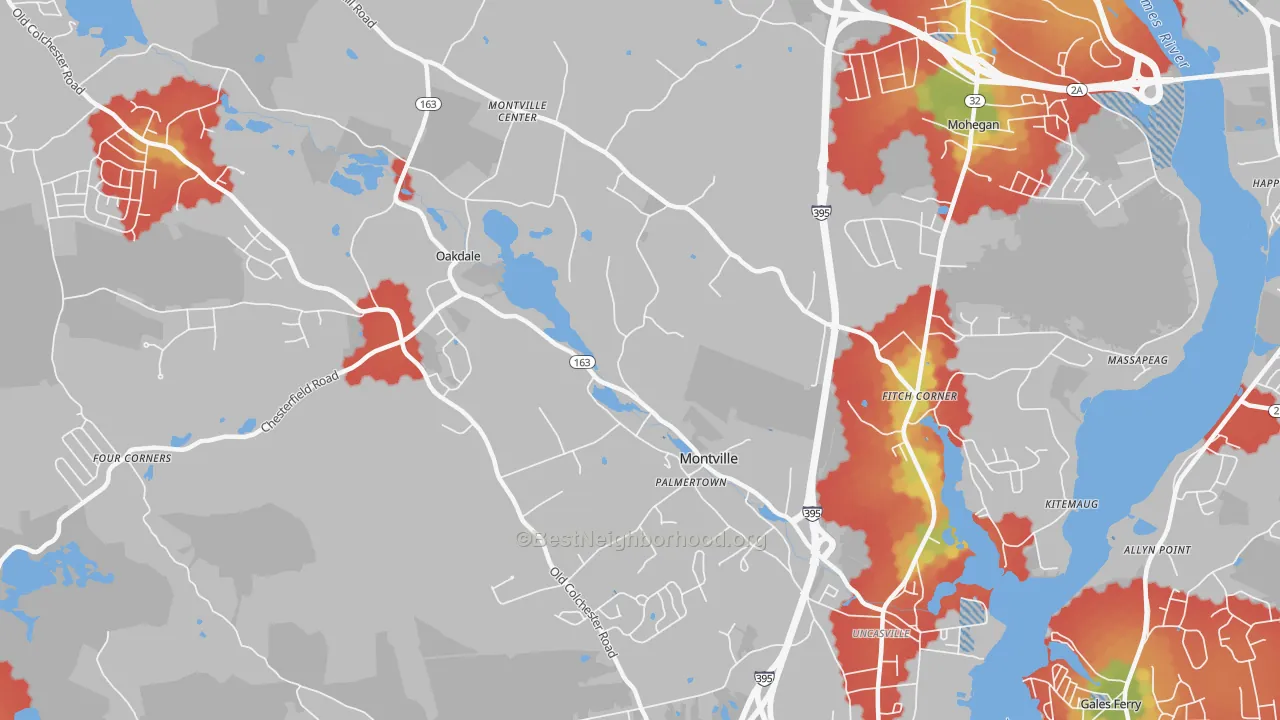 Walk Grade map of Montville, CT, walkable areas in green and car-dependent areas in red
