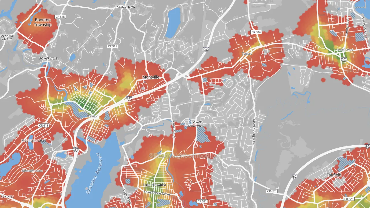 Walk Grade map of Montville, NJ, walkable areas in green and car-dependent areas in red