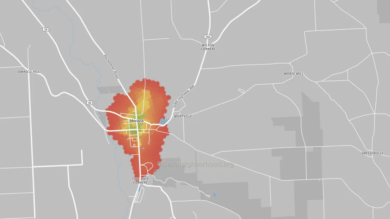 Walk Grade map of Montville, NY, walkable areas in green and car-dependent areas in red